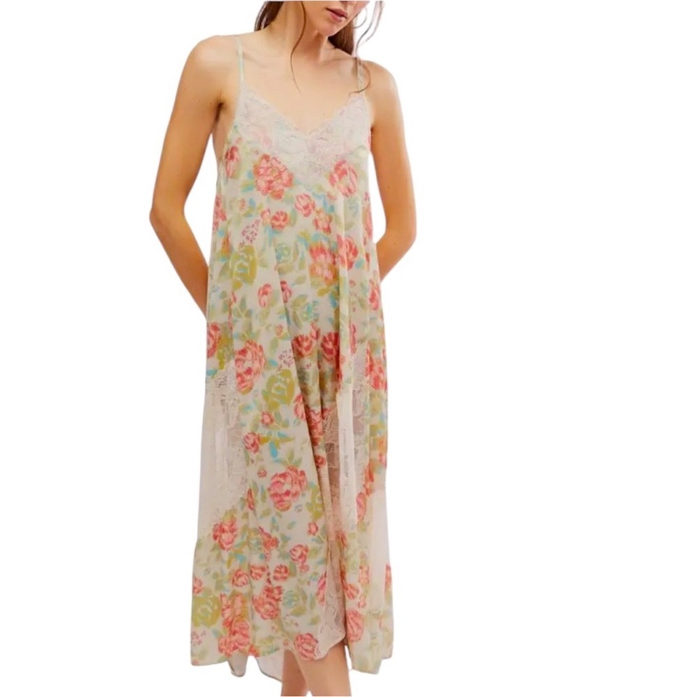Free People Floral Slip Maxi Dress in Cream with Pink & Green